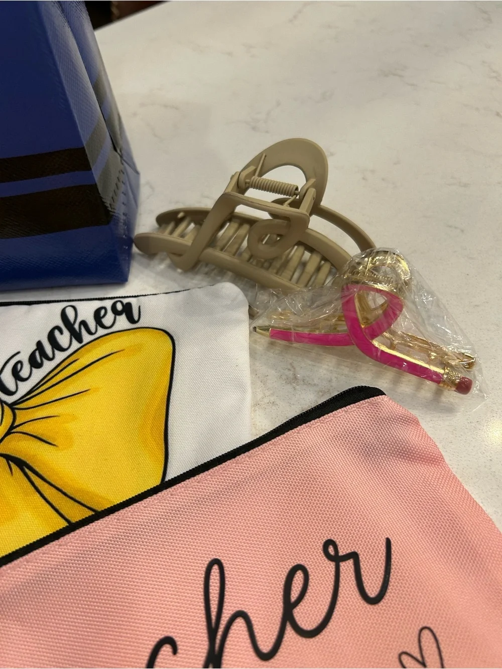 Crayon Blue Kids Tote with Pink 'Teacher Things' Pouch and School Accessories